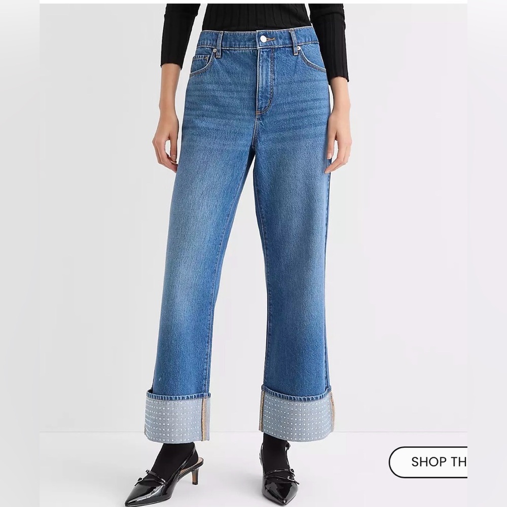 NWT Loft Embellished Cuffed High Rise Wide Leg Jeans Mid Indigo Wash Sz 29/8